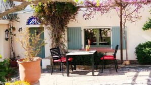 An outdoor patio with a table and chairs, surrounded by potted plants and a pergola with flowering vines. - Studio meublé de vacances, very quiet in nature and culture ancient and modern (Sanilhac-Sagriès)