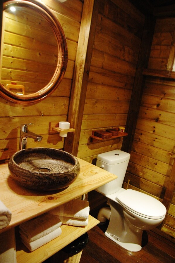 A wooden cabin bathroom with a round sink, a toilet, and a mirror. - My cabin-Star Trail (POINTE NOIRE)