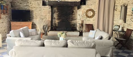 Televisión, chimenea, libros y estéreo