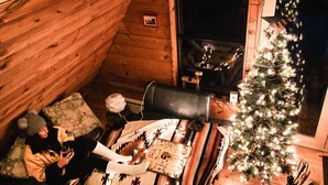 A cozy cabin interior with a wooden interior, a fireplace, a Christmas tree, and a bed with a striped blanket.