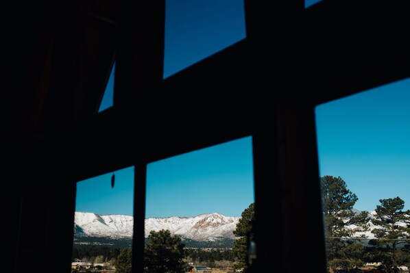 A view through a window with a mountain landscape, including snow-capped peaks and trees.