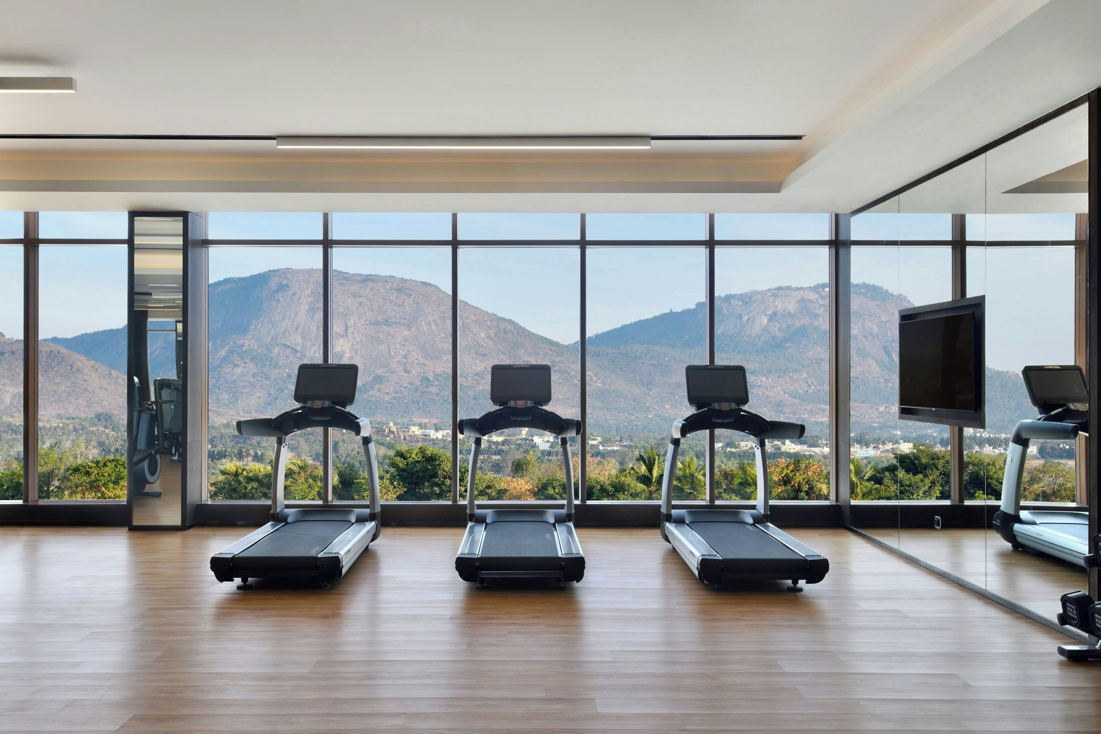 A gym with treadmills and a TV, large windows with a mountain view.