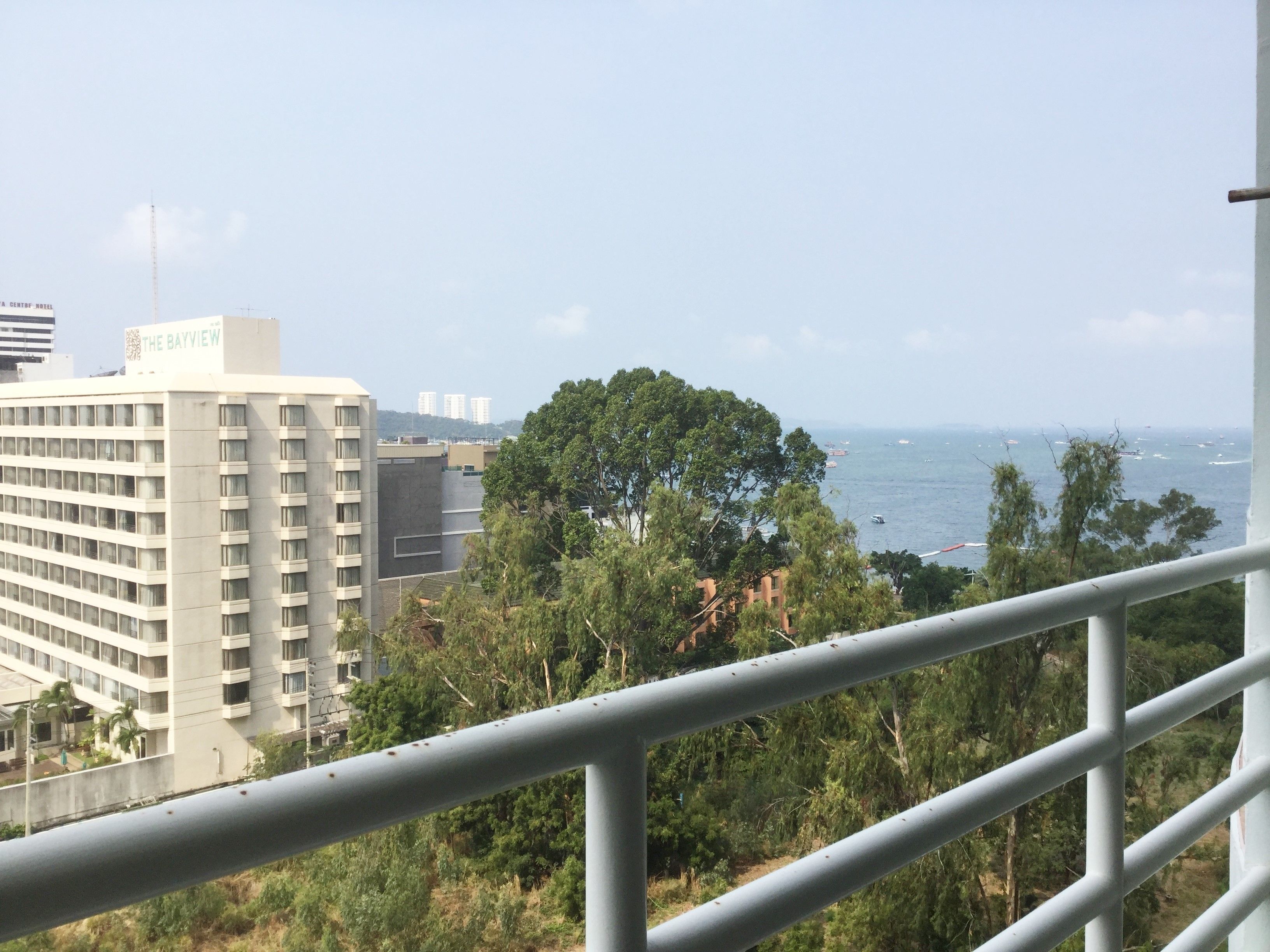 A hotel with a view of the sea and surrounding greenery.