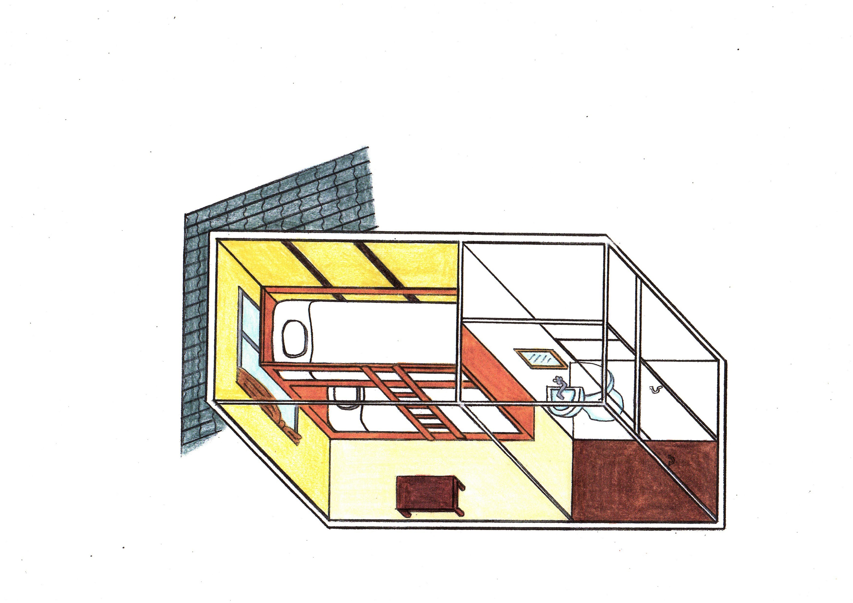 A 3D architectural drawing of a room with a bed, a desk, and a window.