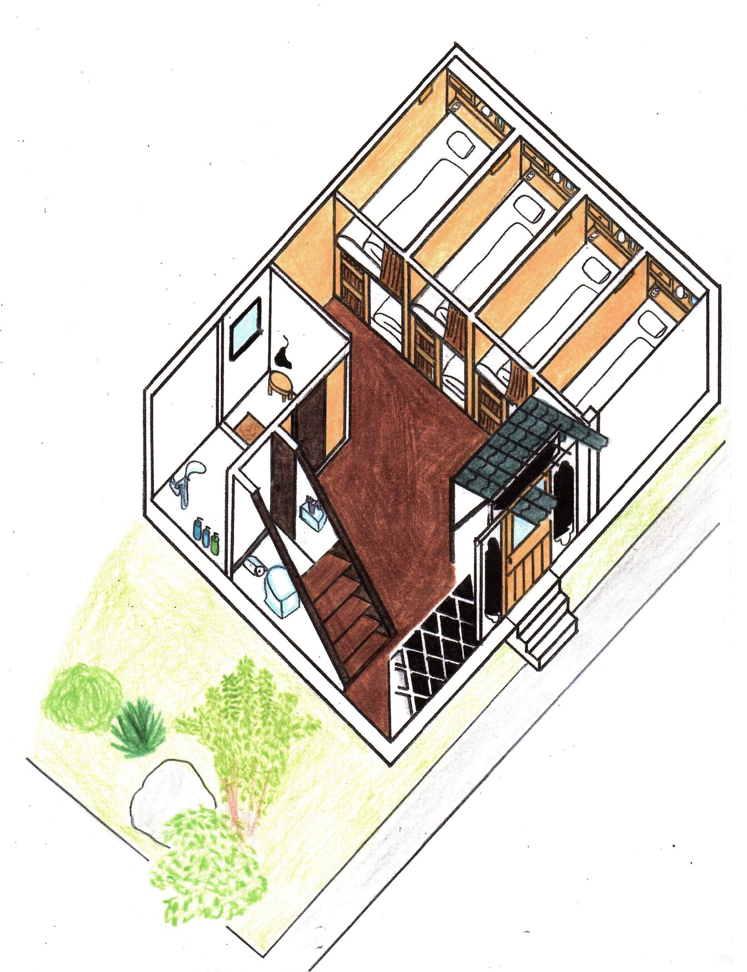 A floor plan of a modern hotel with multiple bedrooms, a bathroom, a kitchen, and a small outdoor area with plants.