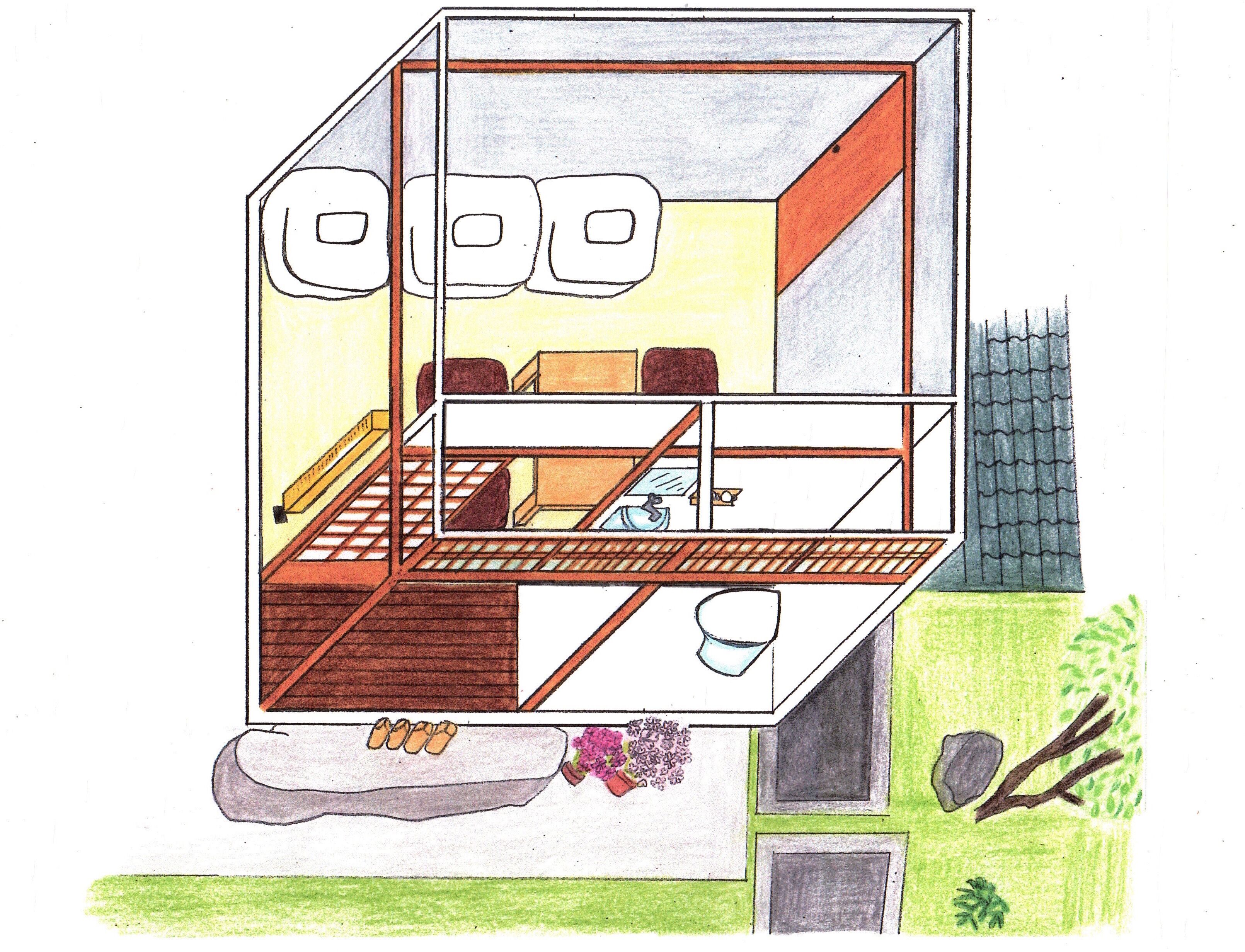 Un disegno 3D di una casa moderna con interno visibile, che comprende una cucina, una sala da pranzo e un soggiorno.