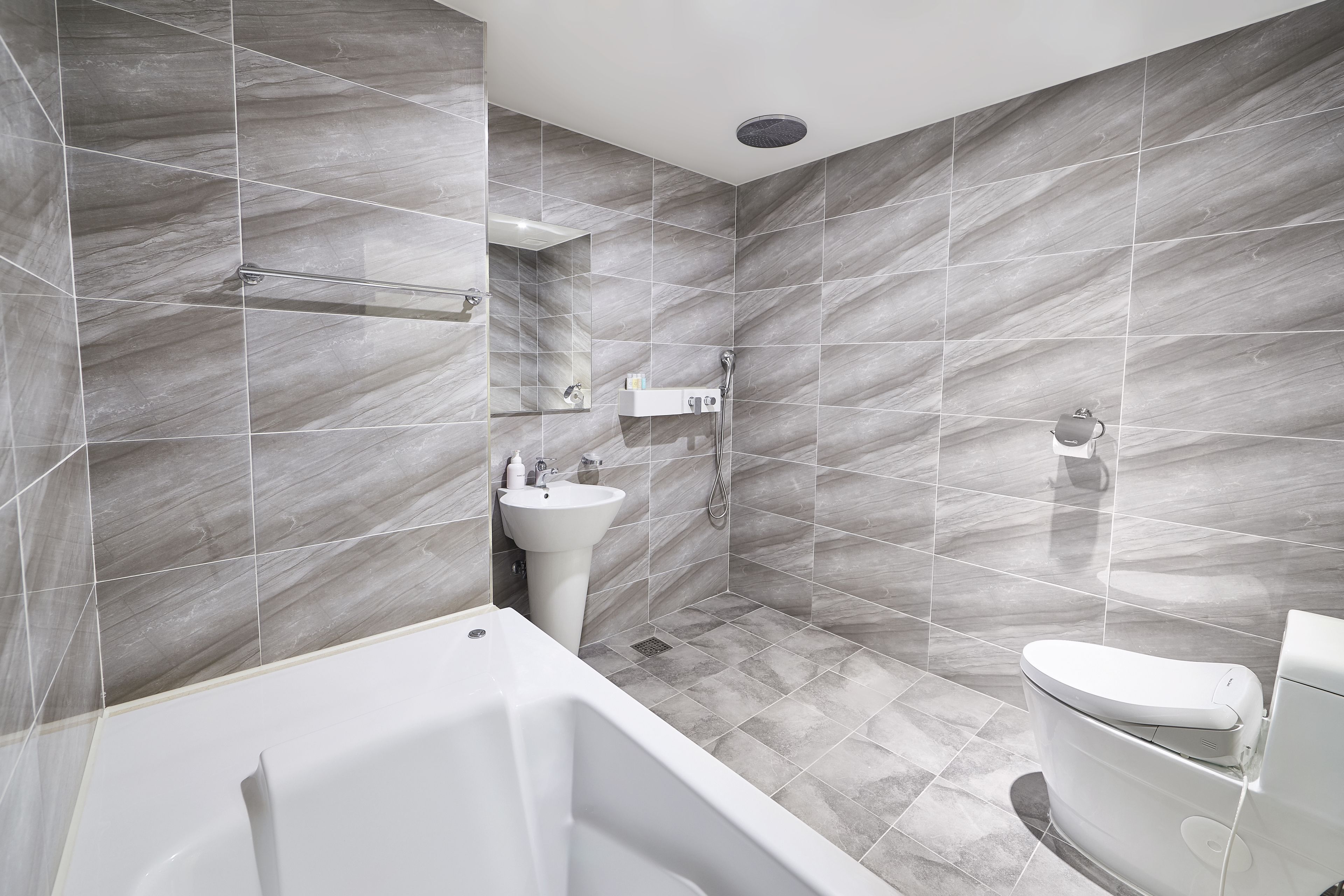 deluxe double room | bathroom | separate bathtub and shower, deep-soaking bathtub, free toiletries