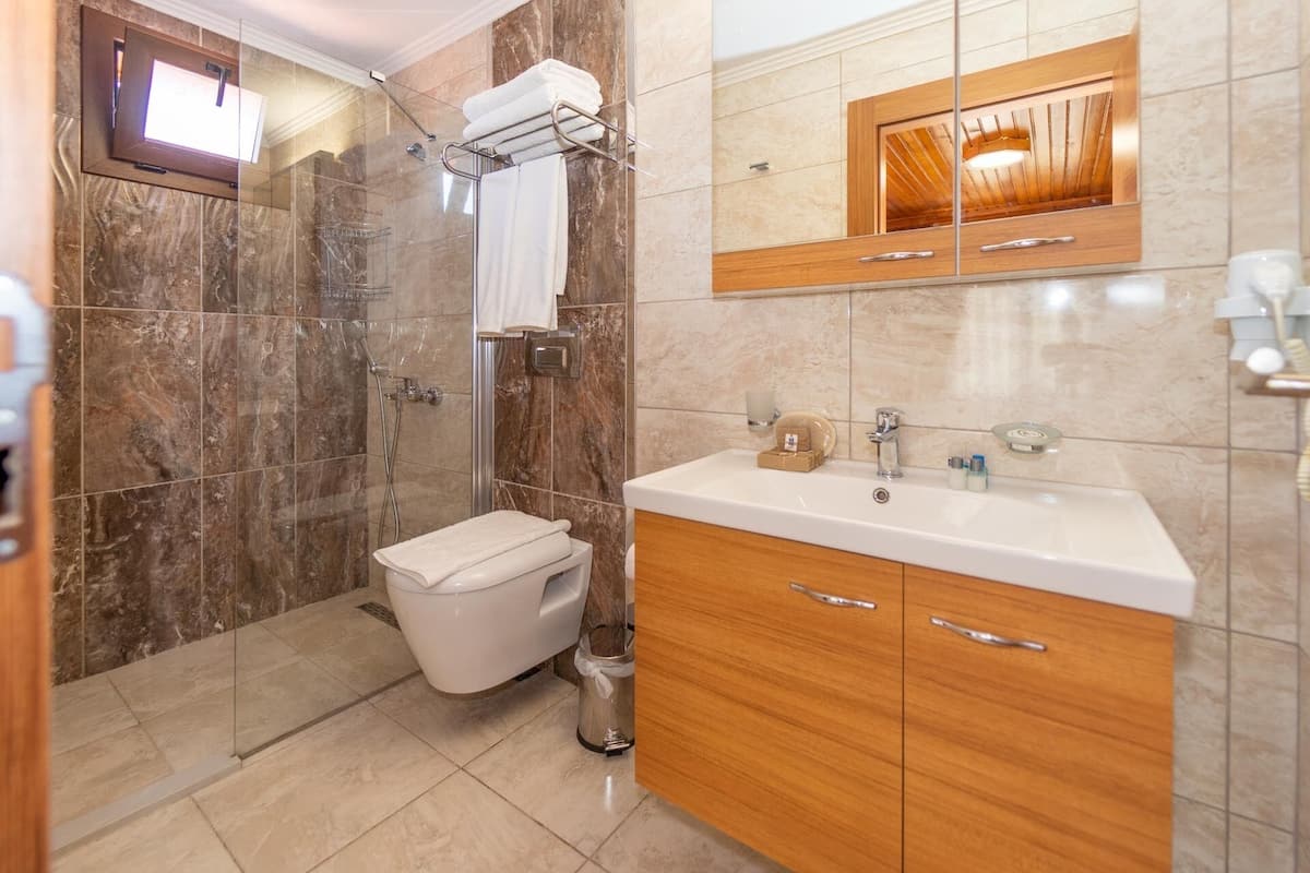 economy room | bathroom | eco-friendly toiletries, hair dryer, slippers, towels