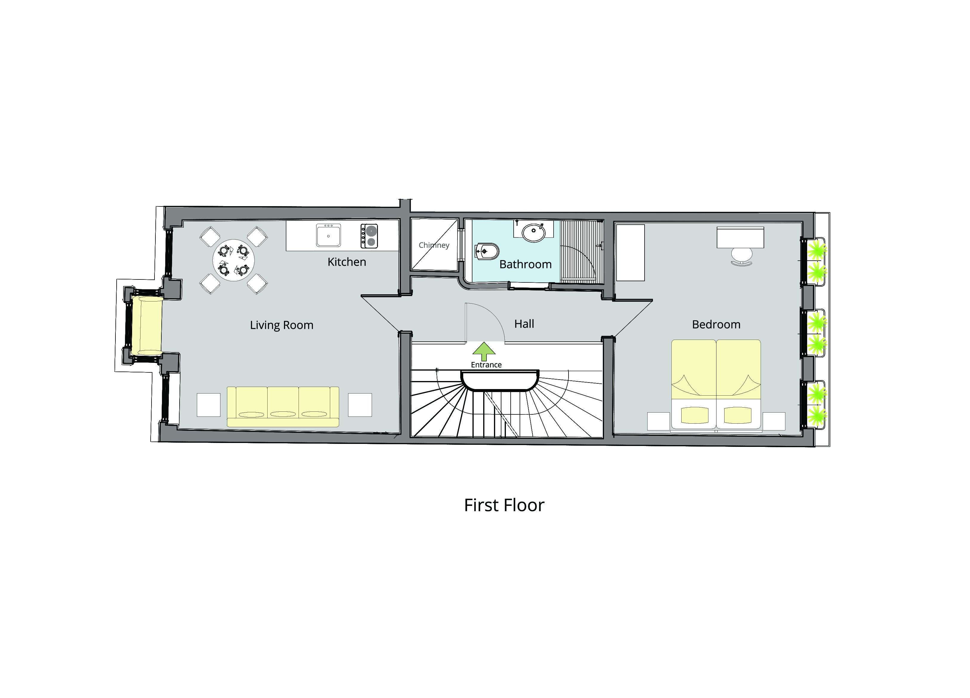 Plattegrond van de eerste verdieping met keuken, woonkamer, badkamer, slaapkamer en entree.