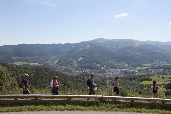 Un grupo de excursionistas en un sendero de montaña con vistas a un valle y colinas distantes.