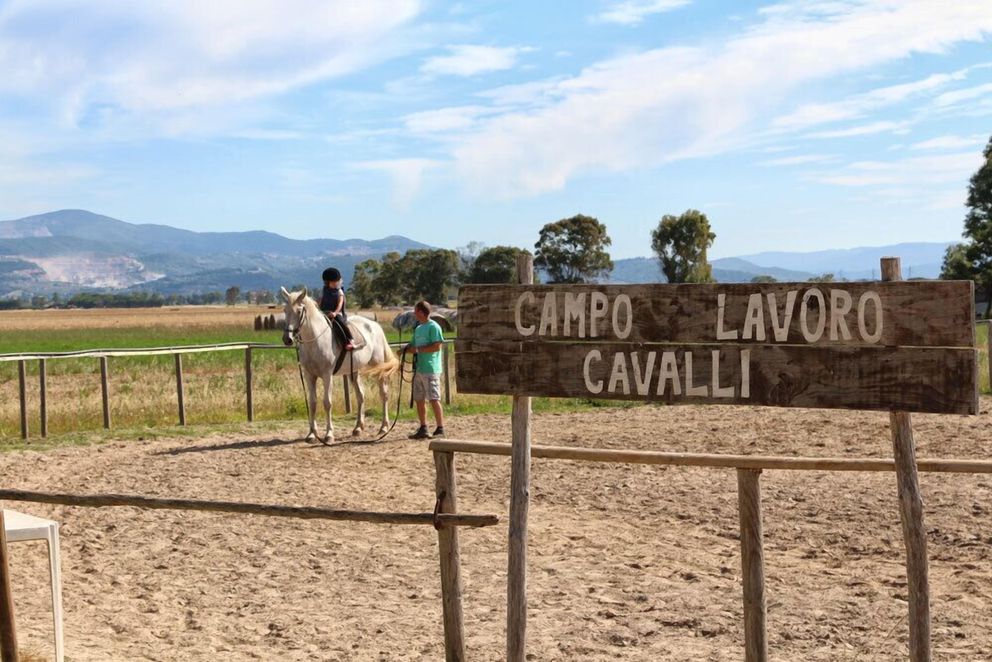 A sign reading "CAMPO LAVORO CAVALLI" in a rural setting with a horse and rider.