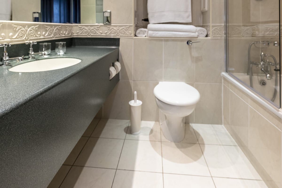 deluxe suite | bathroom | designer toiletries, hair dryer, bathrobes, slippers