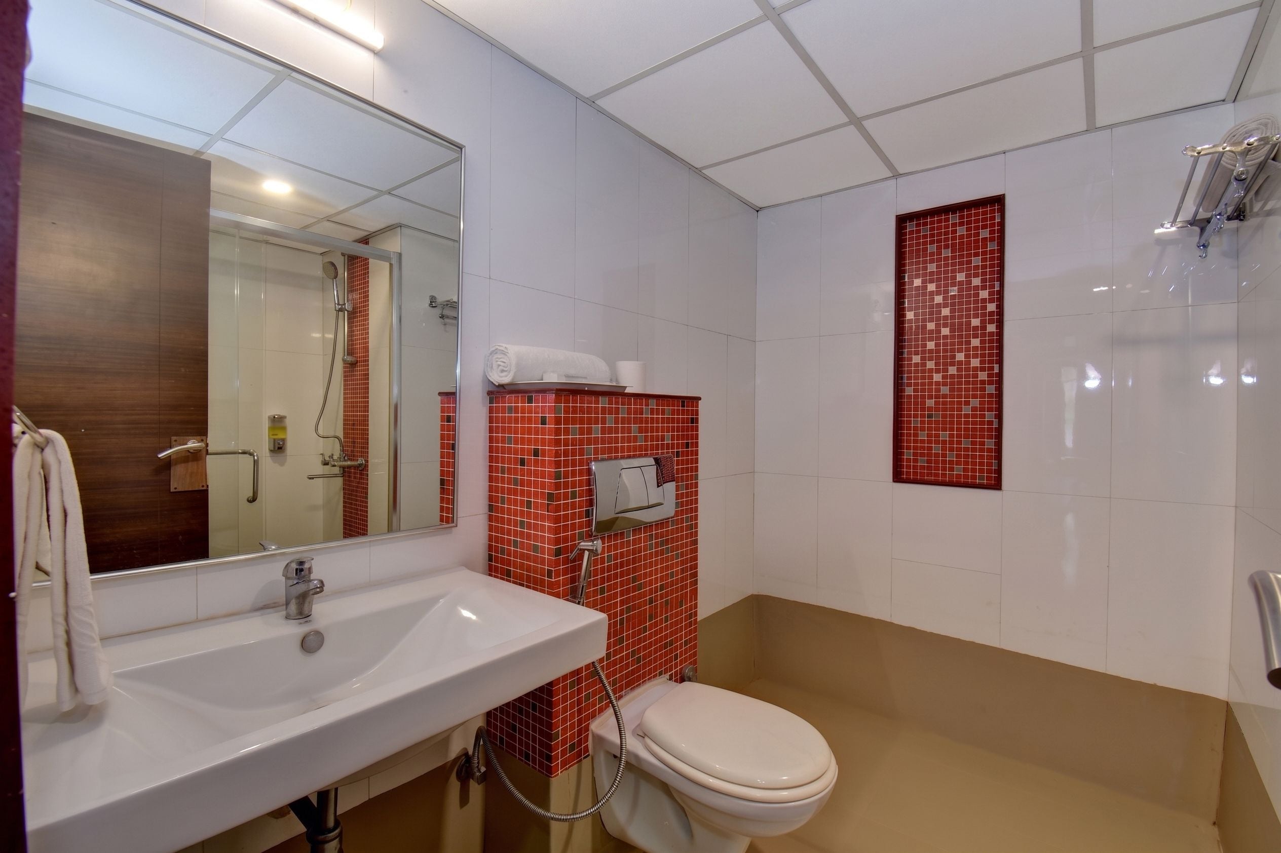 A bathroom with a white sink, a toilet, and a shower.