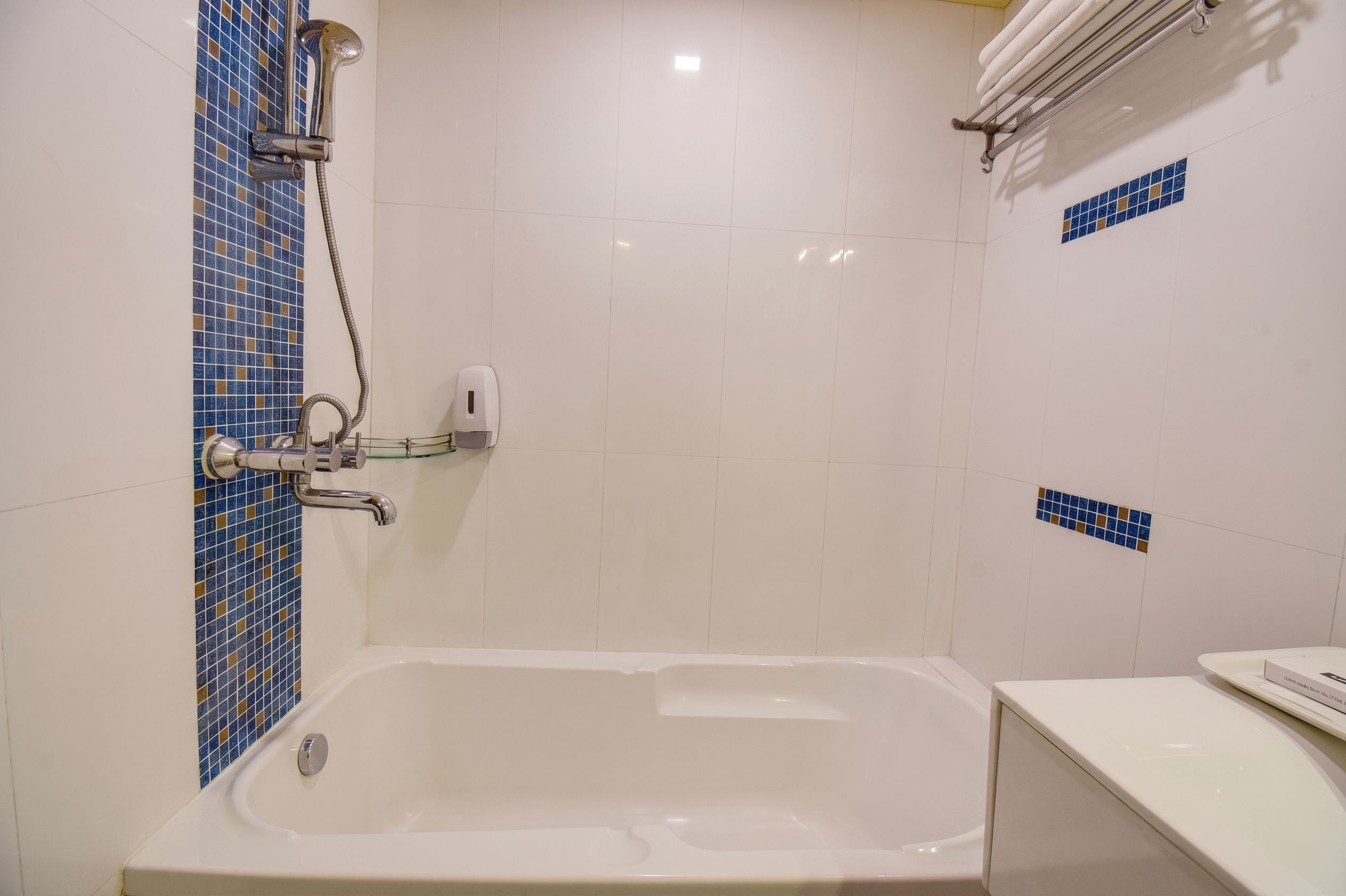 A bathroom with a bathtub, a shower with a handheld showerhead, and a towel rack.