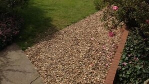 A residential driveway with parked cars, a lawn, and a brick pathway leading to a house. - Ashley Hotel (Cambridge)
