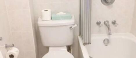 A bathroom with a toilet, a bathtub, and a shower.