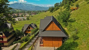 A hillside view of a wooden cabin with a sloped roof, surrounded by lush greenery and a mountain backdrop. - Domki z Widokiem (Zakopane)