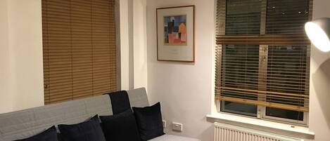 Um quarto pequeno e acolhedor com um sofá cinzento, um quadro na parede e uma janela com persianas.