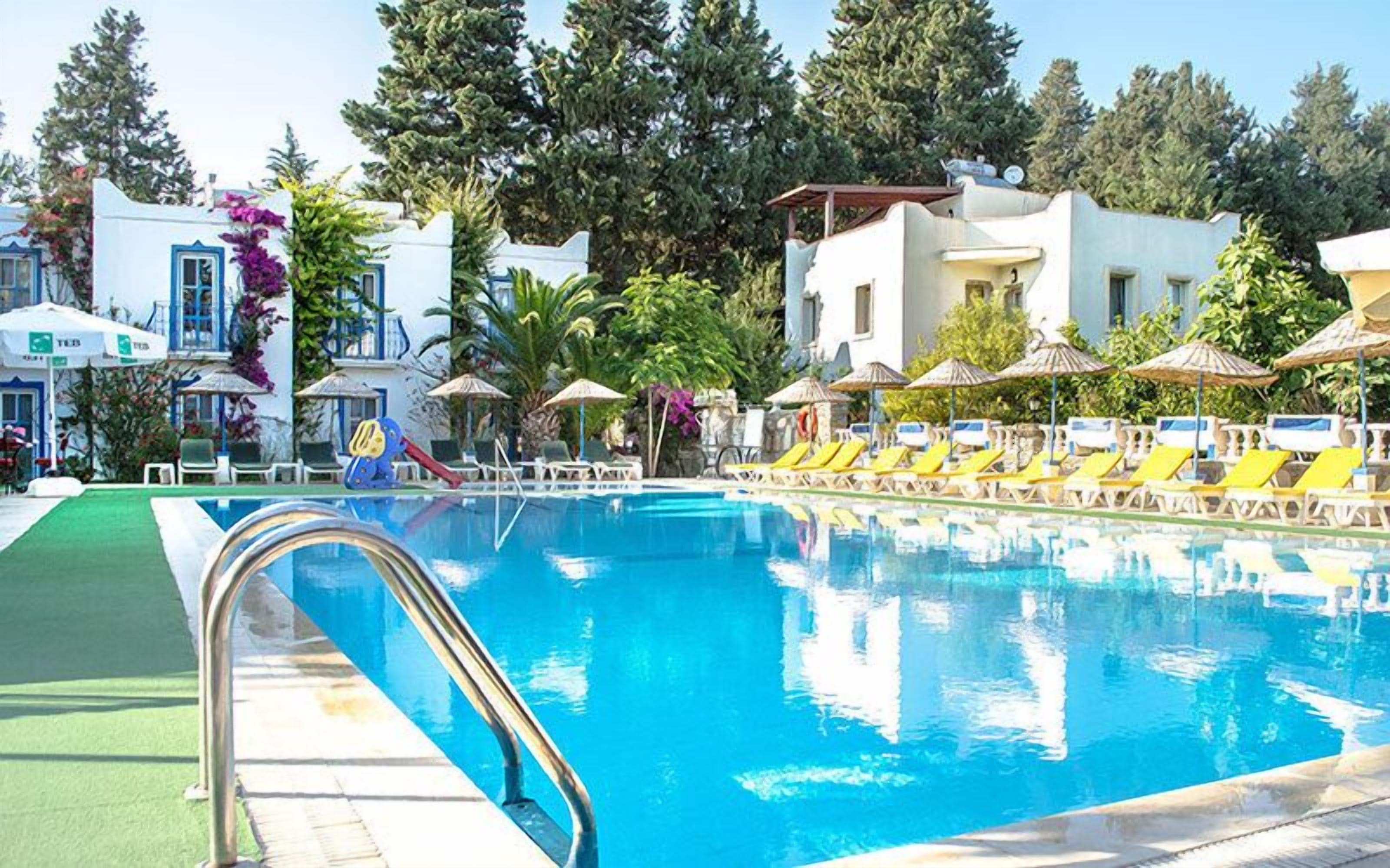 حمّام سباحة خارجي، مظلات على حمّام السباحة، مقاعد للتشمس