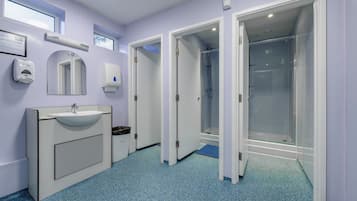 Baño con lavamanos, espejo, secador de manos y zona de ducha.