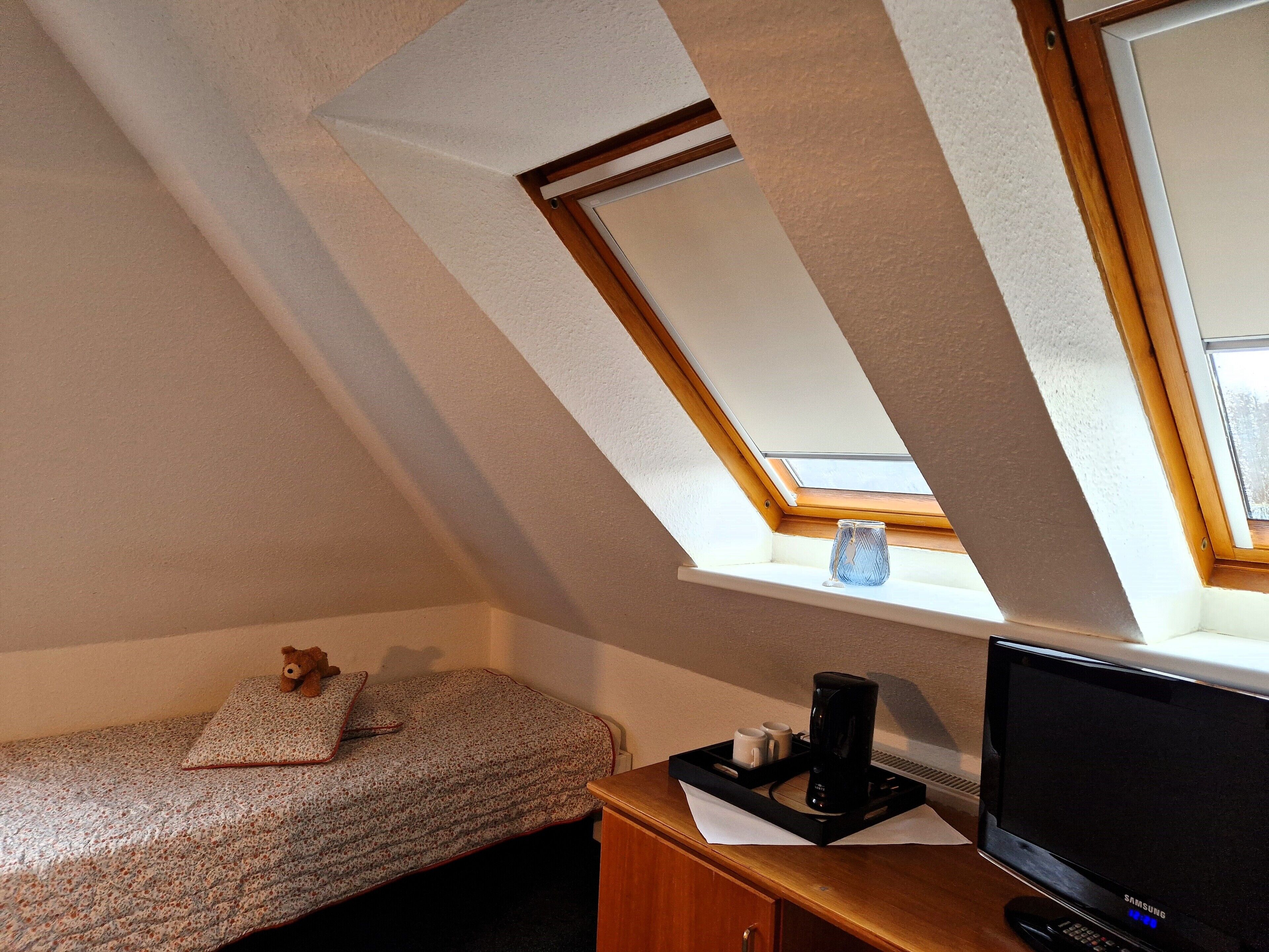 A room with a sloped ceiling, a bed with a floral bedspread, a bedside table with a coffee maker, and a television.