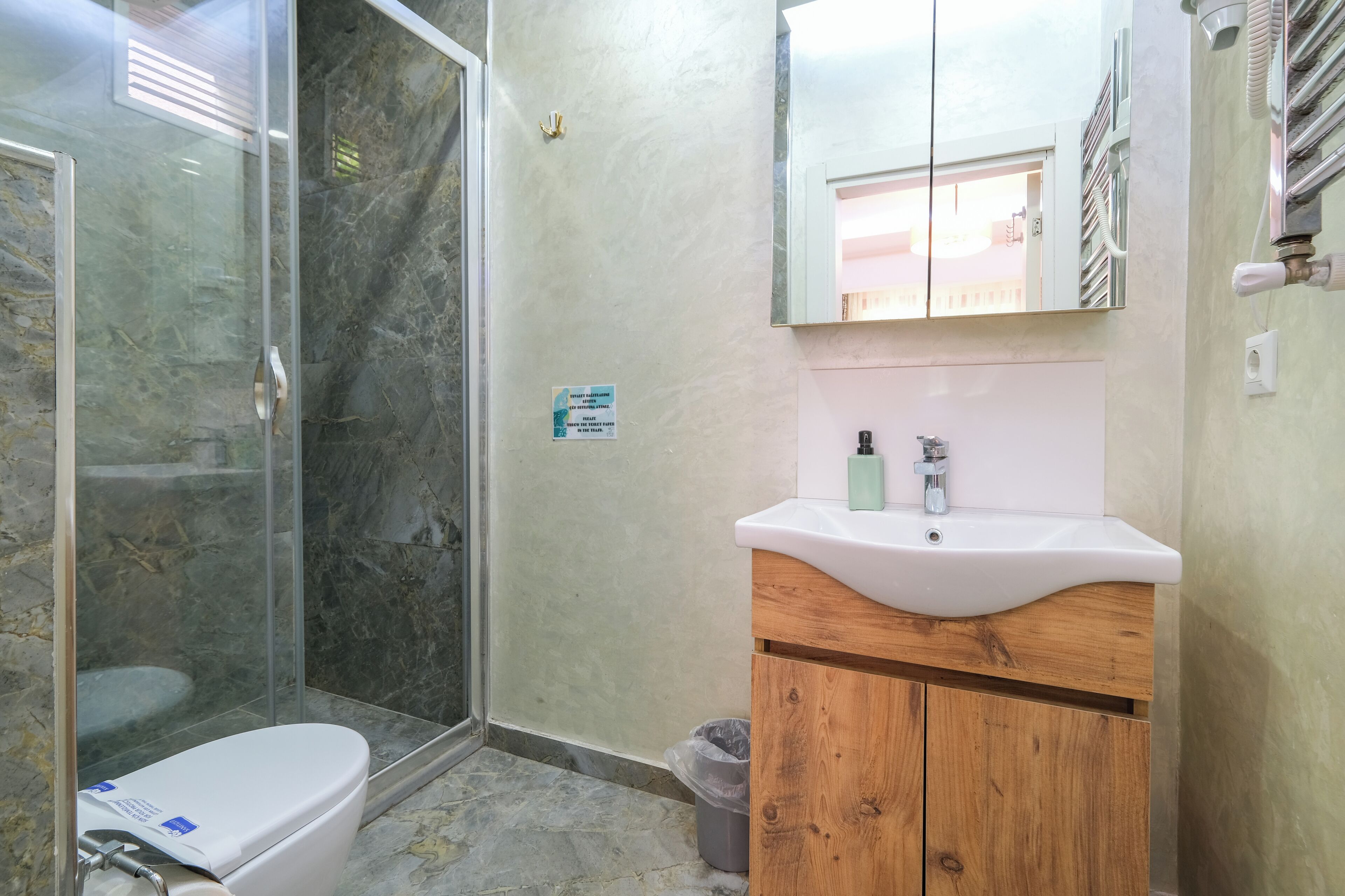 Une salle de bain avec une douche à parois de verre, des toilettes blanches, un meuble-lavabo en bois et un miroir.