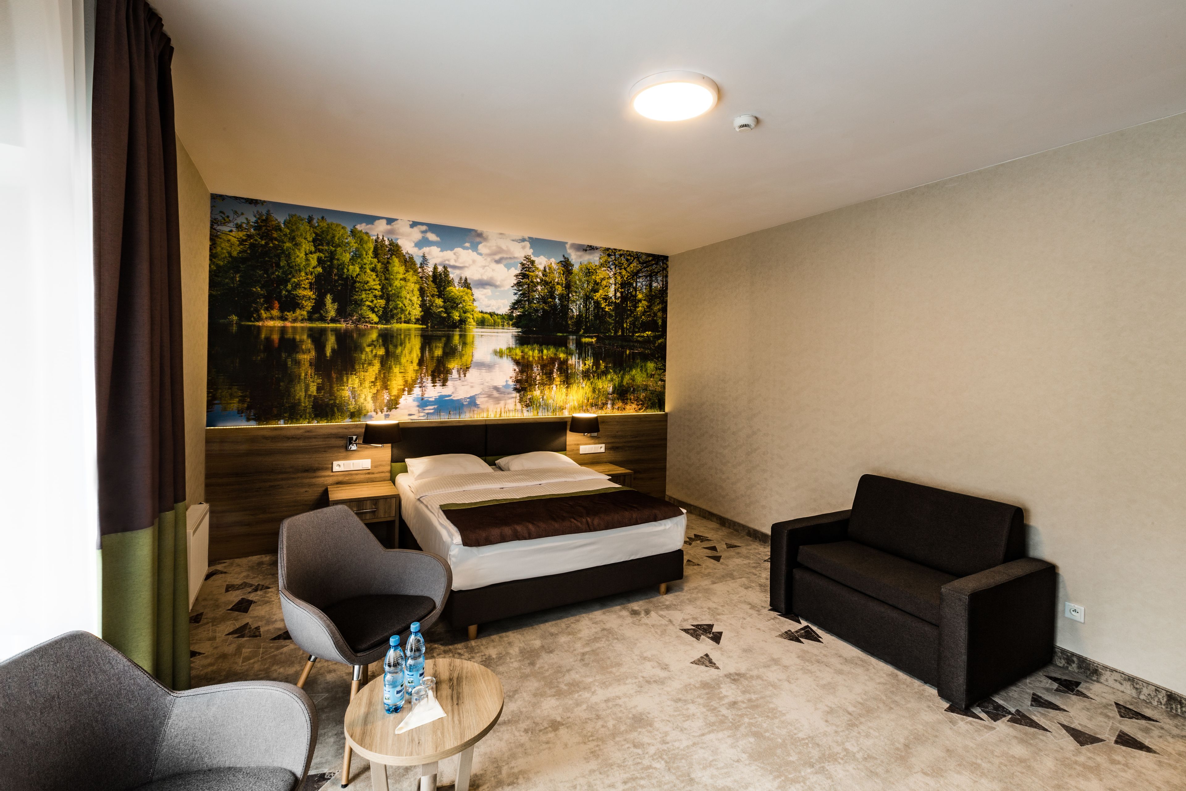 Ein Hotelzimmer mit einem Bett, zwei Sesseln, einem kleinen Tisch mit Wasserflaschen und einer großen Wandmalerei eines Sees.