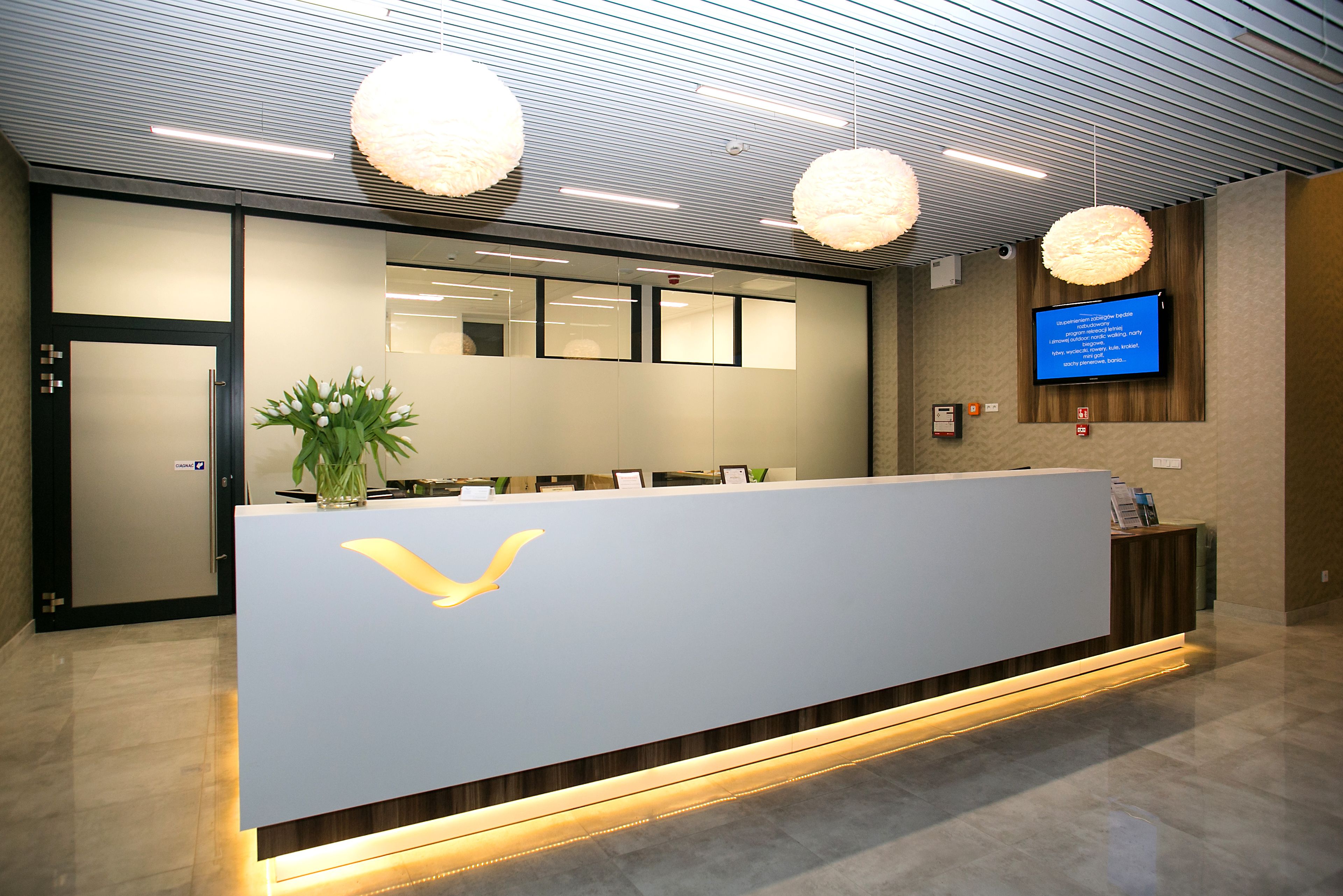 A reception desk with a modern design, a flat-screen TV, and a potted plant.