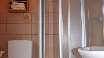 A bathroom with a toilet, a sink, and a shower enclosure.