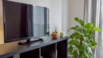 A modern living room with a flat-screen TV on a black stand, a small cactus plant, and a candle on the stand.