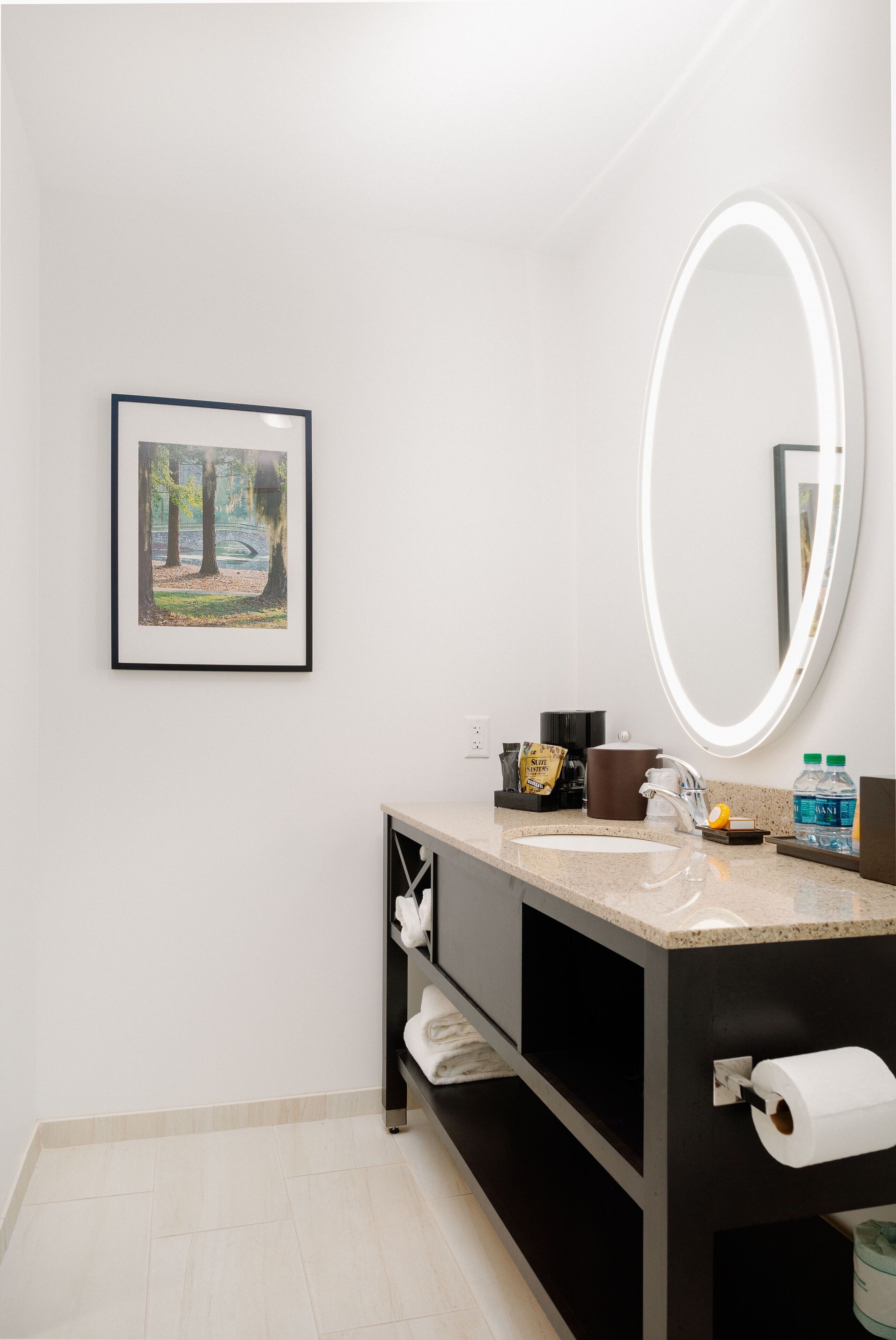 Une salle de bain avec un tableau encadré, un miroir, un lavabo et des articles de toilette.