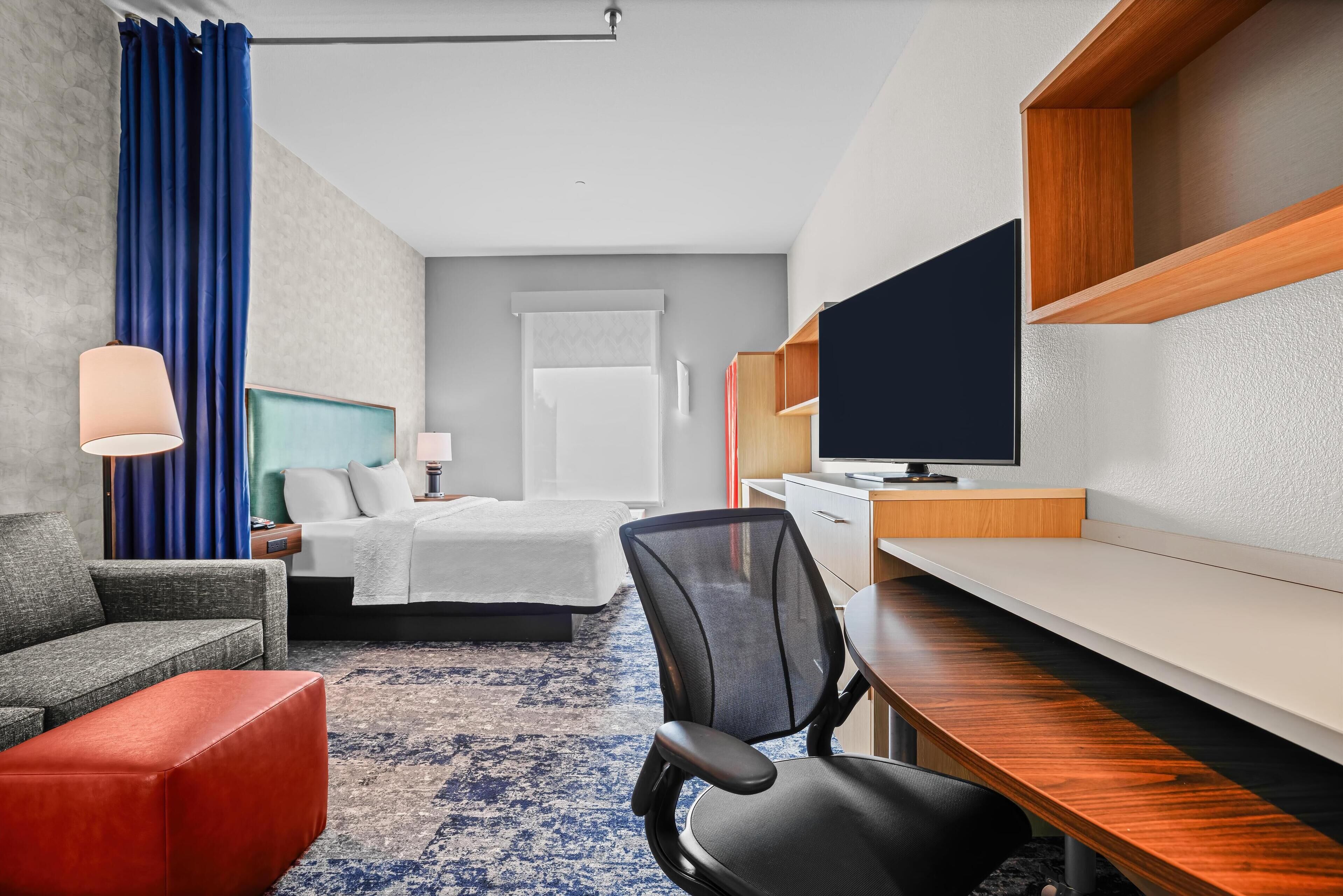 desk, laptop workspace, blackout curtains, soundproofing