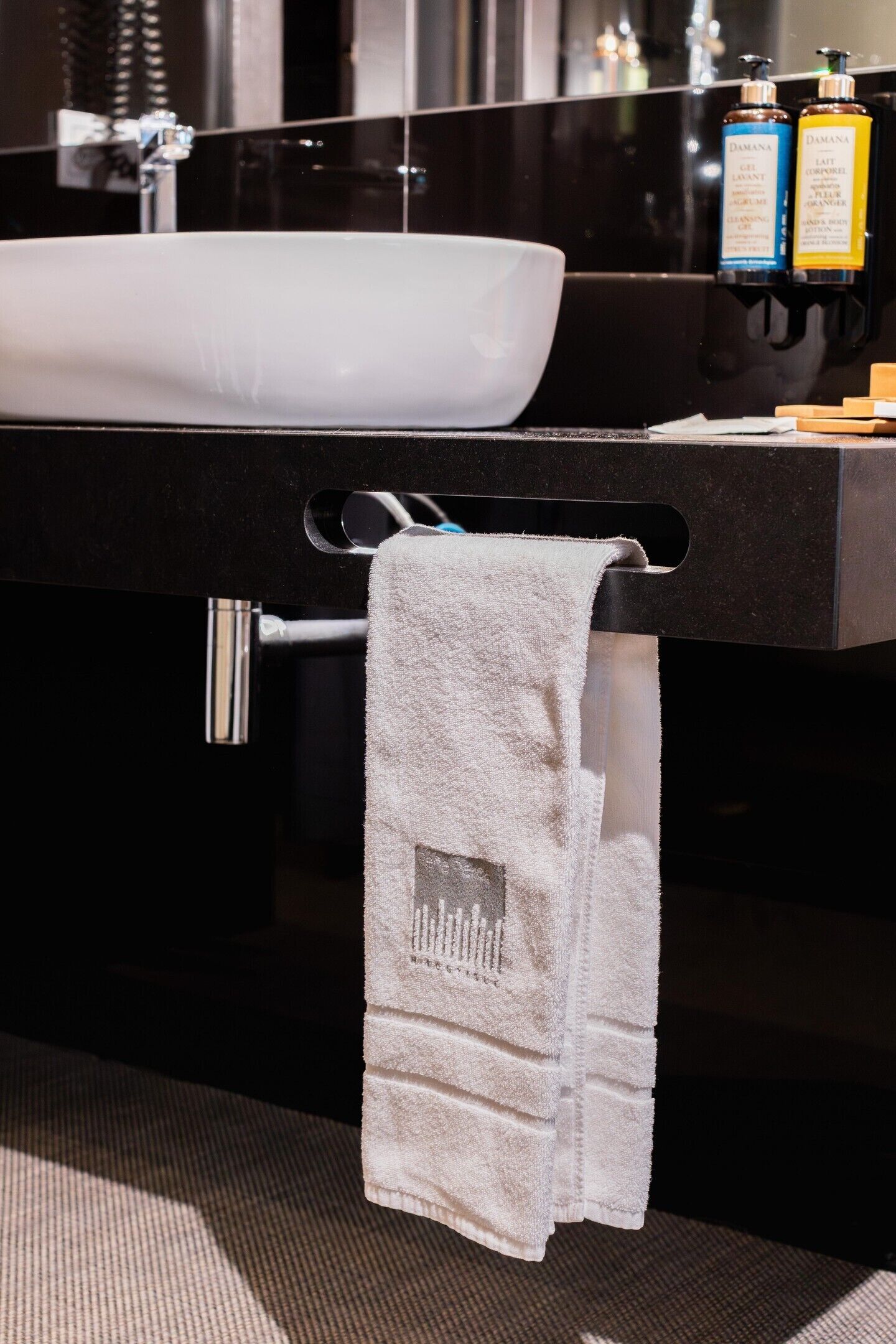 Une salle de bain avec un lavabo blanc, un porte-serviettes sur lequel est posée une serviette blanche, et deux bouteilles de shampoing sur le comptoir.
