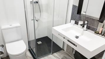 Shower, free toiletries, hair dryer, towels