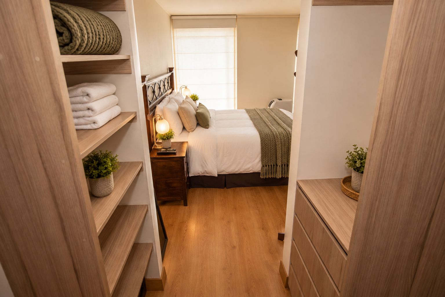 A bedroom with a bed, bedside table, lamp, and a view of the outside through a window.