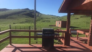 A wooden deck with a barbecue grill, a trash can, and a view of a green hillside. - Bighorn Lodge and Angler (Fort Smith)