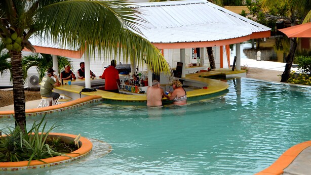 Un área de piscina con un bar techado y asientos tipo sala de estar.