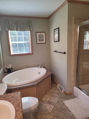 Combined shower/tub, jetted tub, hair dryer, towels