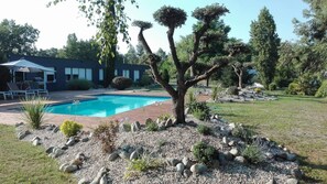Ein Schwimmbad, umgeben von einem angelegten Garten mit verschiedenen Pflanzen und einem großen Baum.