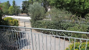 Ein Balkon mit Metallgeländer, einem Blumentopf und Blick auf eine Straße und Grünflächen.