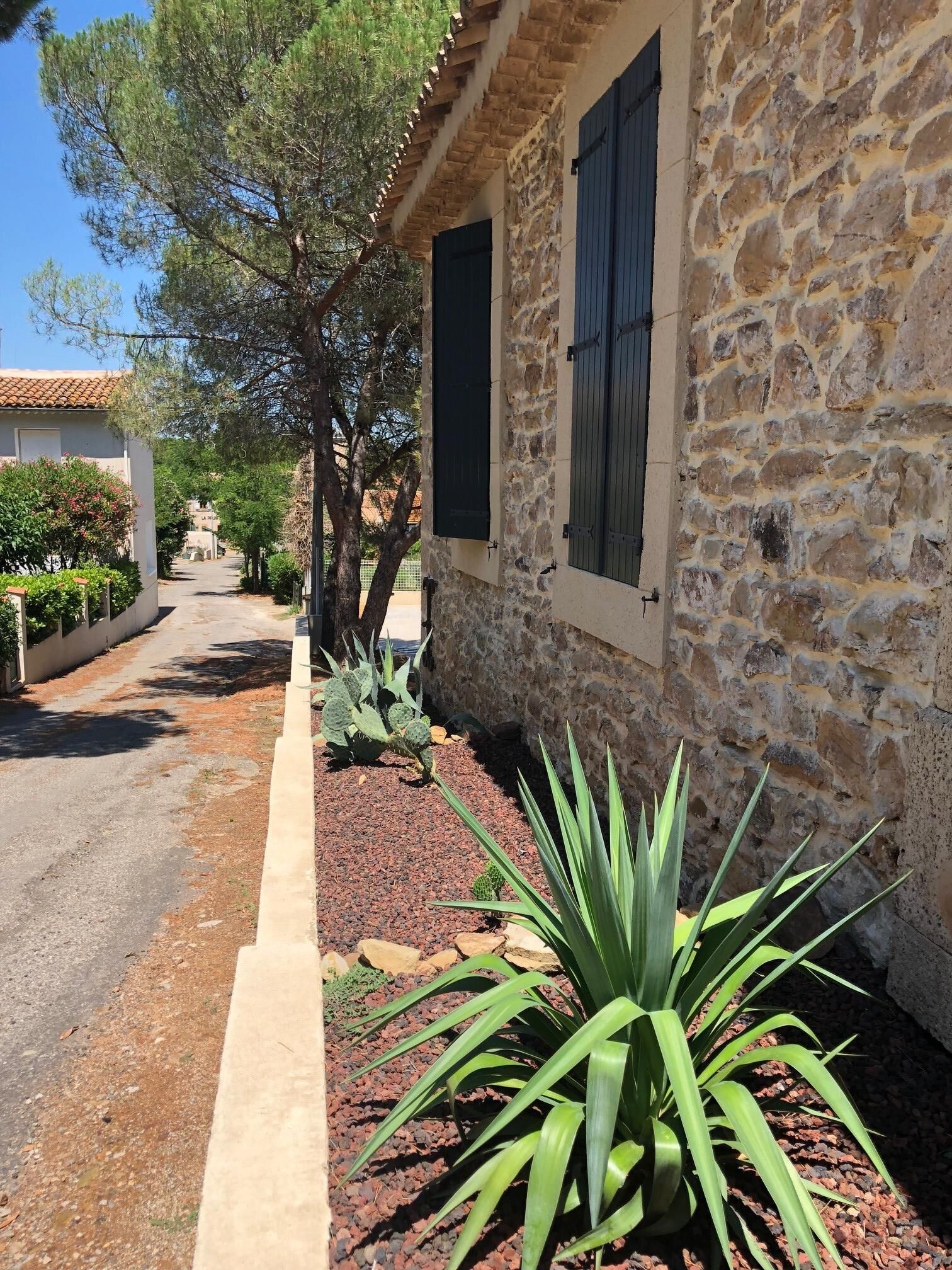 Un bâtiment en pierre avec une allée étroite, entouré de cactus et d’arbres.