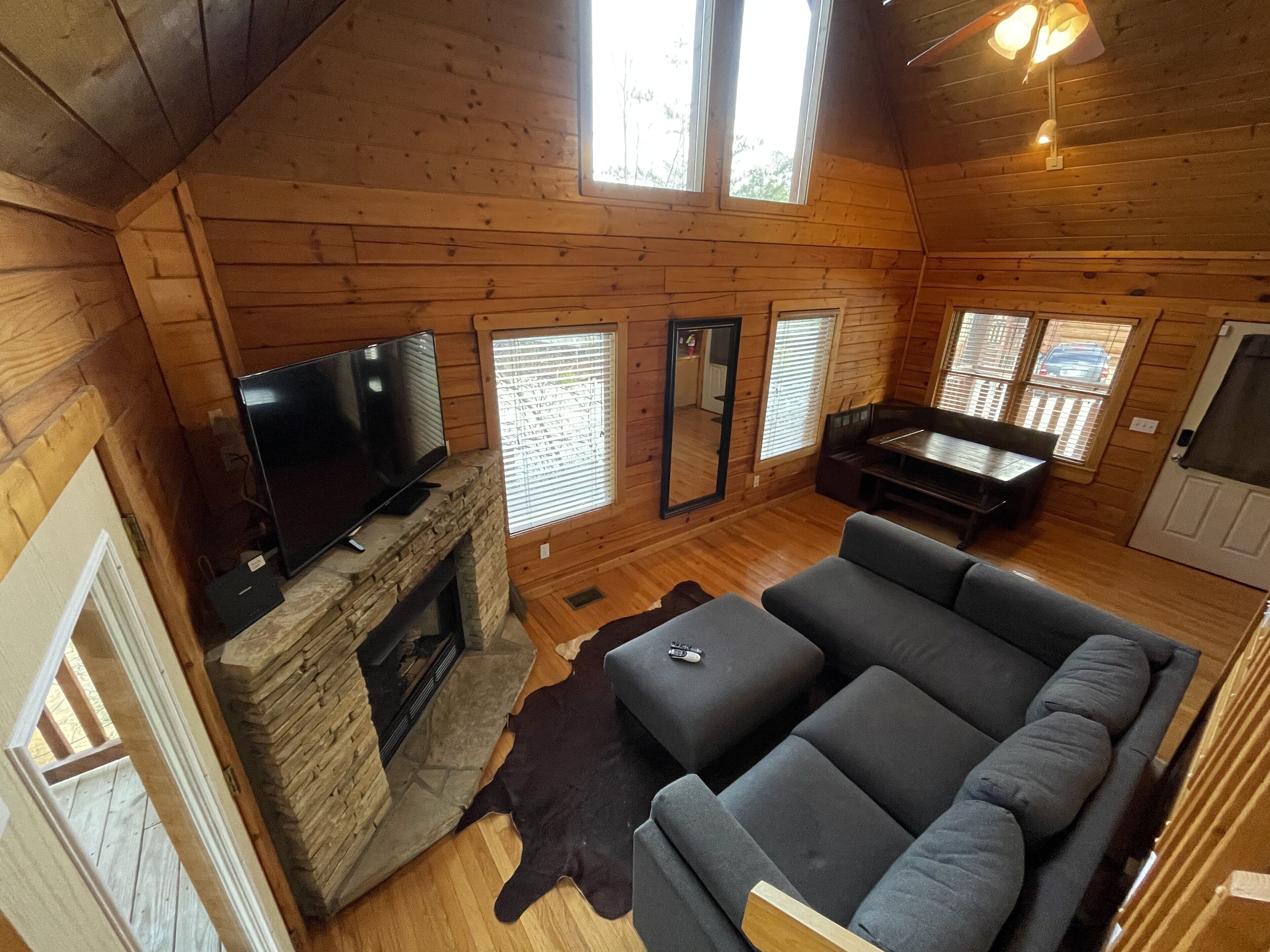 Televisie, een open haard, videospelletjes en een dvd-speler