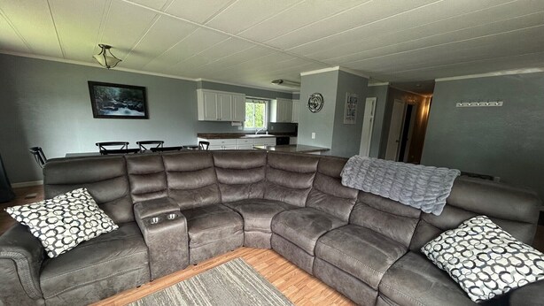 A modern living room with a sectional sofa, a kitchen in the background, and a gray patterned rug on the floor. - Black Gold Getaway .....Walking distance to town (Valdez)