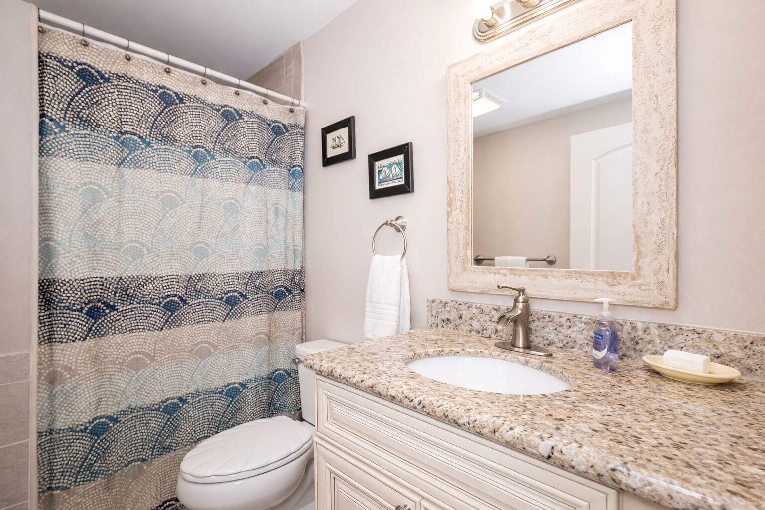 A bathroom with a patterned shower curtain, a white toilet, a sink with a marble countertop, a mirror, and two framed pictures on the wall.