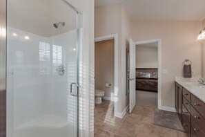 Shower, towels, soap, shampoo