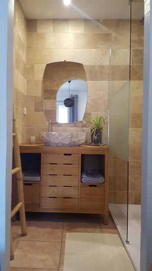 Regadera, secadora de cabello, toallas, papel de baño 
