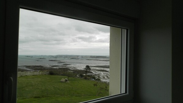 A view through a window of a grassy area with a body of water and a cloudy sky. - EXCEPTIONAL SEA VIEW - comfort and calm -Appt "Furnished tourist 4 STARS" (Saint-Pol-De-Léon)