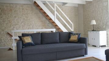 TV, fireplace, books