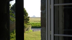 Une vue à travers une fenêtre donnant sur un mur de pierre et un champ d’herbe.