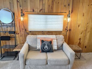 Smart TV, fireplace, books, stereo